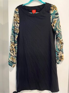Tracy Negoshian Black Shift Dress with Teal & Gold Floral Sleeves Size Large